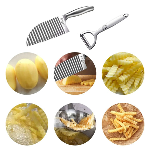 Crinkle-cutter knife with wavy blade and vegetable peeler; stainless steel 2-piece kitchen set for vegetables and fruits