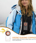 Woman wearing multifunction hiking compass with measuring scale and ruler for outdoor navigation and wayfinding