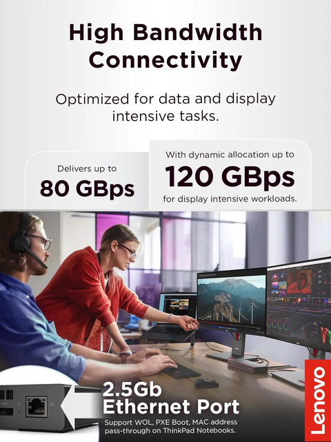 Plug And Play Thunderbolt 5 Docking Station Boasting 180W Output For Smooth Triple 8K Displays And Snappy Data Transfers For High Performance Workstation Setups Black in use with dual monitors and a laptop.