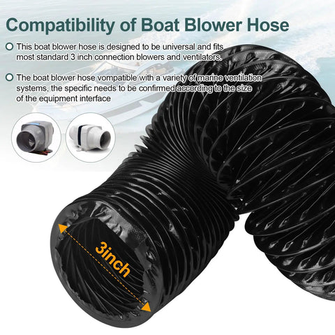 3-Inch Marine Blower Hose Replacement For Boat Vent Bilge Blower Exhaust Fan, Heavy-Duty 10 Feet Black Flexible Duct Hose