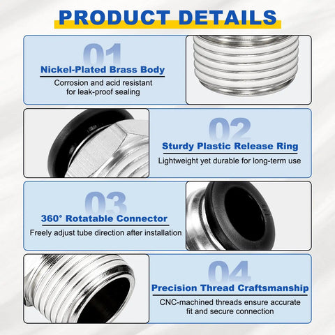 Product details for 10 Pack Heavy Duty Push To Connect Pneumatic Fittings 1/8 NPT Male, 0.24 Inch Tube OD, Nickel Plated Brass