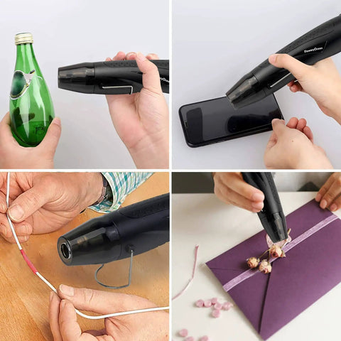 Mini Heat Gun With Reflector Nozzles Kit 350W used for craft projects, showing different applications like shrink wrapping and wire heating.