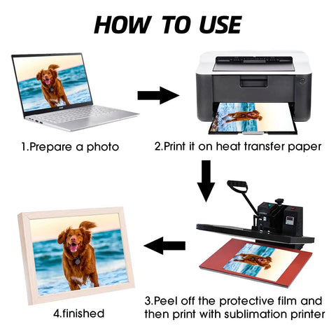 How to use Ten Pack Four By Six Inch Aluminum Sublimation Blanks with photo printing steps and heat press equipment