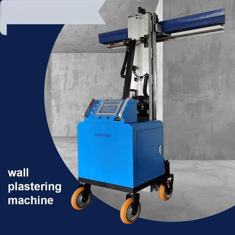 Pro Heavy Duty Full Automatic Wall Plastering Machine in blue with wheels, designed for smooth interior wall finishing.