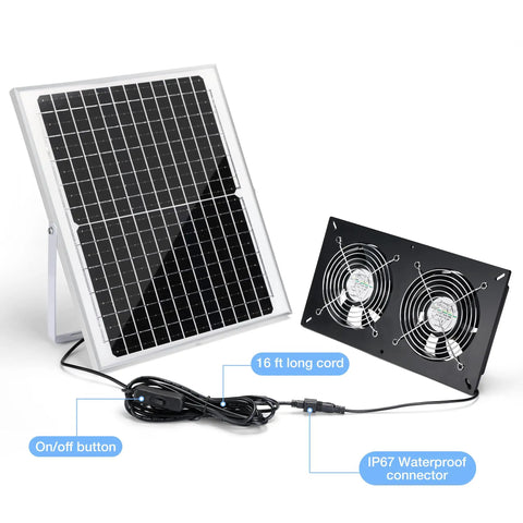 Solar Powered Dual Fan Kit For Outdoor Chicken Coops, Greenhouses And Sheds, Waterproof 25W Panel, Intake Or Exhaust Air Solution, Battery Free Operation For Year Round Comfort And Easy Install