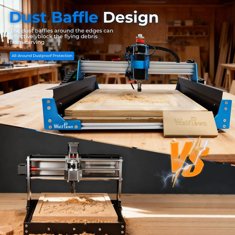 Front view of Beefy All Metal 3 Axis CNC Router Engraver with steel wheel milling, 500W trimmer, engraving a wooden board.