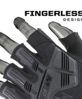Close-up of Fingerless Tactical Gloves With Impact Protection D3O Palm Padding And TPR Armor, showcasing fingerless design, covert black.