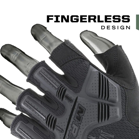 Close-up of Fingerless Tactical Gloves With Impact Protection D3O Palm Padding And TPR Armor, showcasing fingerless design, covert black.