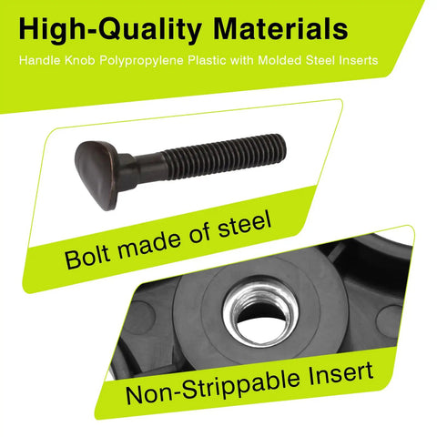 DIY Friendly Handle Knob And Screw Bolt Kit for lawn mowers, with steel bolt and non-strippable insert displayed.
