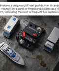 Built Tough 50A Circuit Breaker With Manual Reset Inline Power Switch Hella Rugged Zinc Alloy Fuse Holder on metal surface.