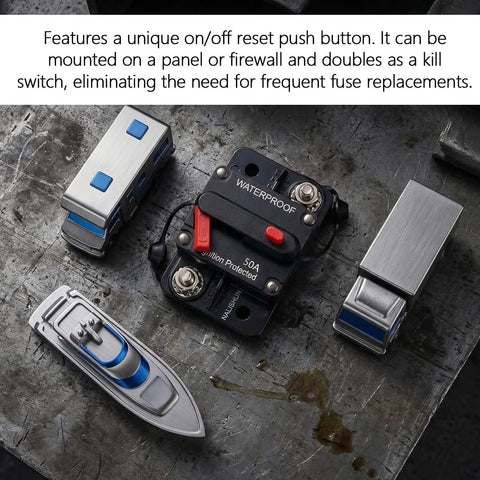 Built Tough 50A Circuit Breaker With Manual Reset Inline Power Switch Hella Rugged Zinc Alloy Fuse Holder on metal surface.