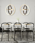 Dining area with LED Pendant Light Fixture With Black And Gold Rings, Modern Chandelier For Dining Room And Kitchen Island.