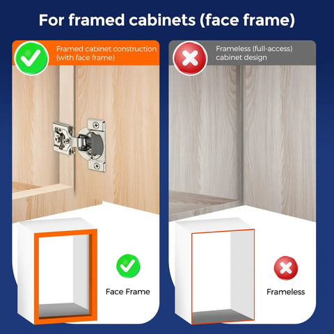 Image comparing framed and frameless cabinet designs for Satin Nickel Soft Close Cabinet Hinges Half Inch Overlay 60 Pack.