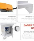 EQCOTWEA 110V pneumatic hinge drilling machine collage showing foot switch, thickened base, and distribution box