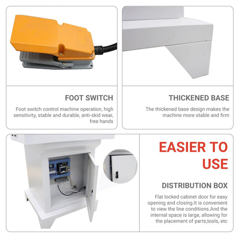 EQCOTWEA 110V pneumatic hinge drilling machine collage showing foot switch, thickened base, and distribution box