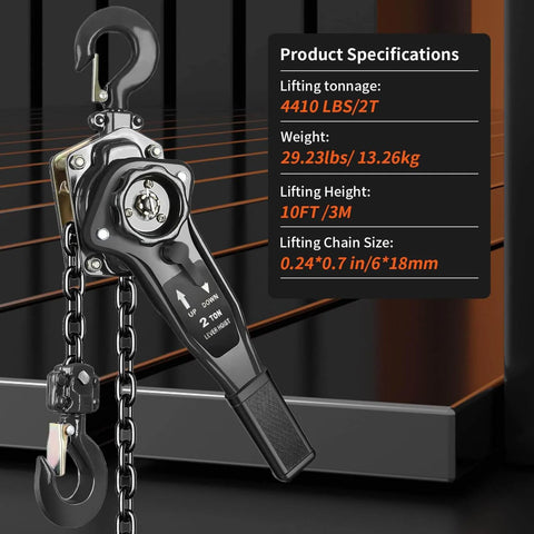 Manual Lever Chain Hoist 2 Ton Come Along 4400 Lbs Capacity 10 Ft Long Reach Galvanized G80 Carbon Steel With Double Pawl Brake