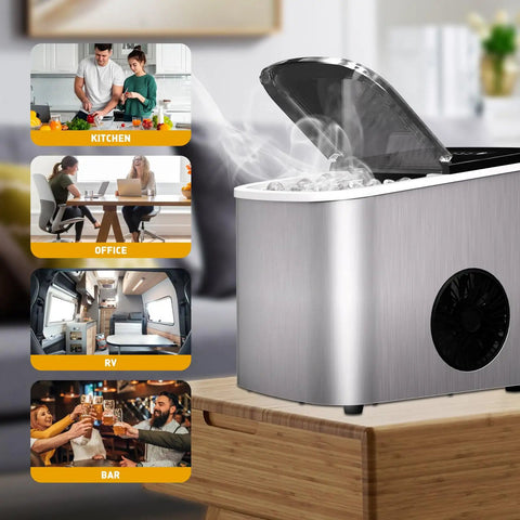 Countertop Ice Maker For Home And On The Go, Quick 3.5 Minutes Small Ice With 9 Cubes Per Cycle, silver portable machine