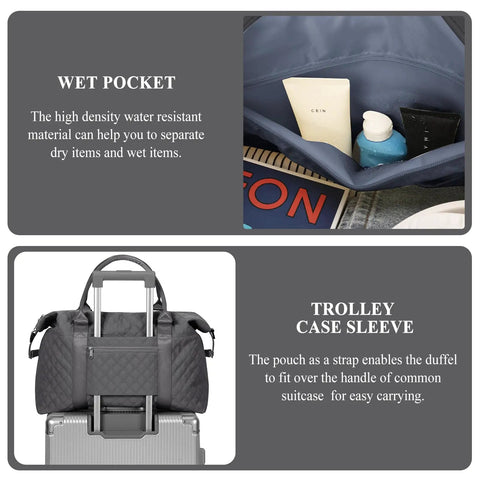 Travel Duffel Bag For Women With Weekender Style showing wet pocket and trolley case sleeve with adjustable strap for easy travel.