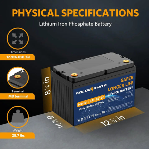 Beast 12V 100Ah LiFePO4 Battery With Built In 100A BMS Up To 15000 Deep Cycles physical specifications