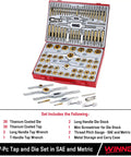 87 Piece All In One Tap And Die Set With SAE And Metric Sizes In Pro Grade Titanium Steel for threading and repair in red case
