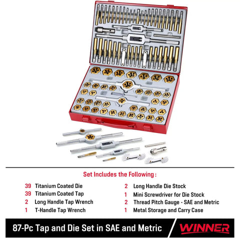 87 Piece All In One Tap And Die Set With SAE And Metric Sizes In Pro Grade Titanium Steel for threading and repair in red case