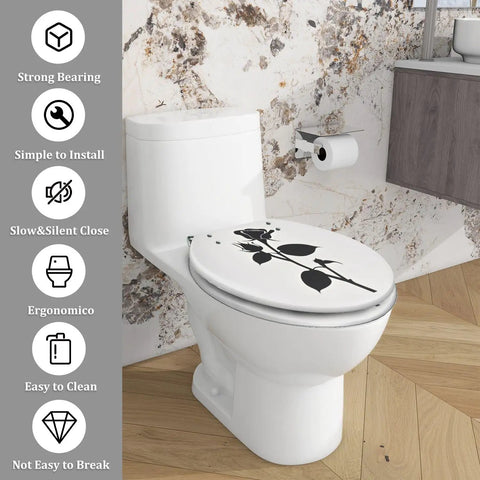 Elongated Toilet Seat Rose Resin for Bathroom Replacement on white toilet, featuring black rose design, ergonomic shape, and easy install.