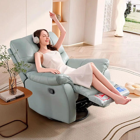 Woman relaxing in a blue recliner chair with a universal recliner pull handle replacement cable featuring upgraded recovery spring.