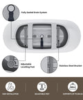 Top view of 59 Inch Acrylic Freestanding Bathtub Glossy White with fully sealed drain system and adjustable feet.