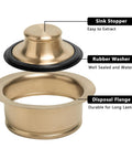 Level Up Your Kitchen Setup With This Premium Champagne Bronze Sink Garbage Disposal Flange Replacement Ring Featuring Warm Brushed Gold Finish For Easy Undermount Swap Total Home Refresh, showing sink stopper and rubber washer.