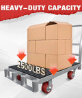 Beefy Heavy Duty Two In One Flatbed Panel Cart With 42 By 24 Inch Platform Rubber Mat Three Handrails 2500 Lb Capacity All Steel Push Cart For Drywall And Lumber Flatbed Cart With Swivel Casters carrying boxes.