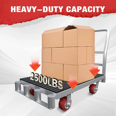 Beefy Heavy Duty Two In One Flatbed Panel Cart With 42 By 24 Inch Platform Rubber Mat Three Handrails 2500 Lb Capacity All Steel Push Cart For Drywall And Lumber Flatbed Cart With Swivel Casters carrying boxes.