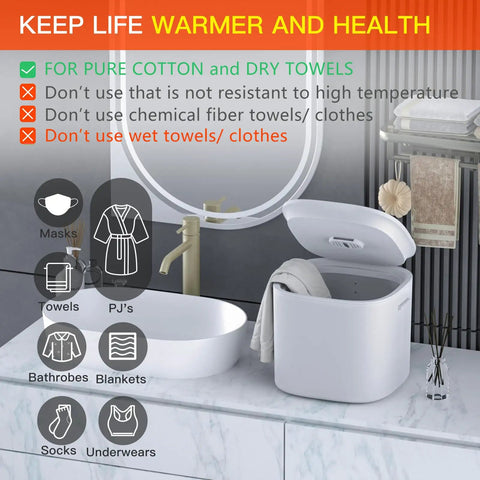 Large 26L Towel Warmer With Auto Keep Warm, 20/40/60 Minute Heat Settings And 24 Hour Delay on marble bathroom counter