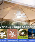 Battery Operated 21 Inch Ceiling Fan Light With Remote For Outdoor Use shown in a tent setup