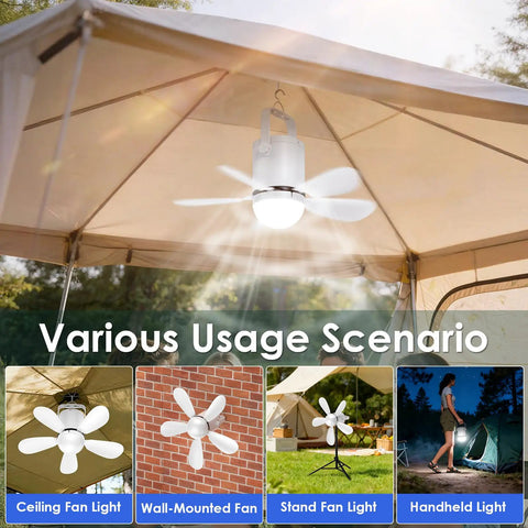 Battery Operated 21 Inch Ceiling Fan Light With Remote For Outdoor Use shown in a tent setup