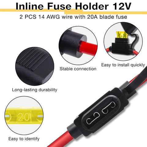 2 Pack Inline Fuse Holders 12V 14AWG Waterproof with 20A ATC/ATO Blade Fuses for automotive use, copper wiring visible