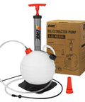 Front view of EWK 6L vacuum oil extractor pump with white spherical reservoir, red T-handle, clear tubing, and box.