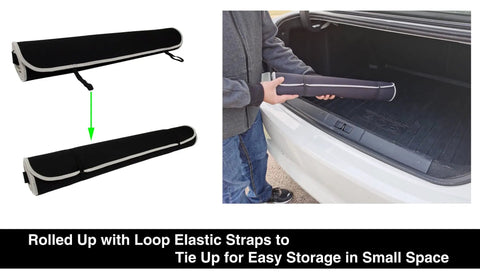 Waterproof Neoprene Car Seat Cover Sweatproof Non Slip Seat Protector rolled up with strap for storage next to a car trunk.