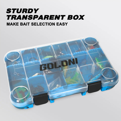 Clear Plastic Fishing Tackle Box Organizer Set Four Pack With Removable Dividers And 3600 Tackle Trays, top view with lures.