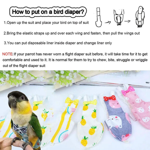 Reusable Bird Diaper With Waterproof Inner Layer For Cockatiels And Parrots with colorful designs and a green parrot wearing a diaper.