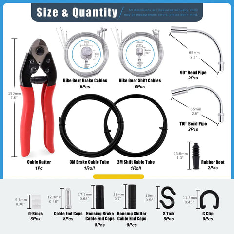 Image of All In One Bike Brake Cable Housing Kit With 73 Pieces Including Brake Cables Noodles Cable Guides Hose Shifter Cables And Cable Cutter For Road And Mountain Bikes Pro Grade Cycling Maintenance Set showing contents and sizes.