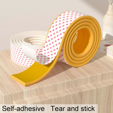 Edge Corner Protector Foam Padding for sharp furniture edges, soft NBR bumpers in yellow with self-adhesive backing and red pattern.
