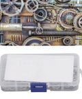 Stainless Steel External Retaining Ring Set 200 Pieces, Ten Sizes, box on industrial machinery background