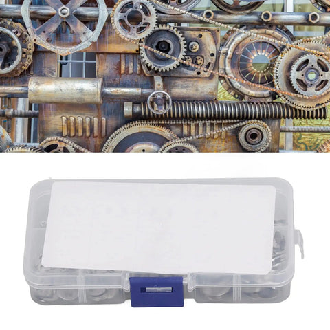 Stainless Steel External Retaining Ring Set 200 Pieces, Ten Sizes, box on industrial machinery background