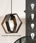 Dope Farmhouse Hex Pendant Light For Kitchen Island And Hallway, Wood Grain And Black Finish, shown with compatible bulbs list