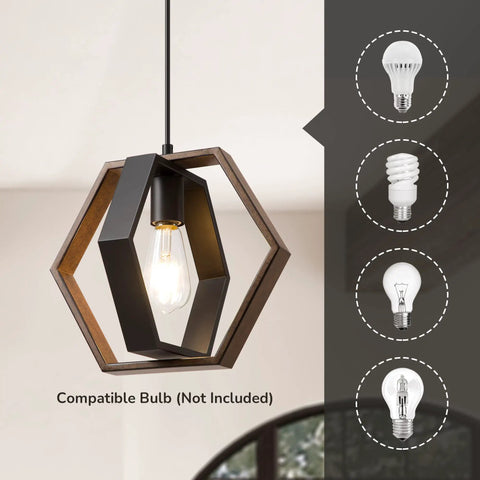 Dope Farmhouse Hex Pendant Light For Kitchen Island And Hallway, Wood Grain And Black Finish, shown with compatible bulbs list