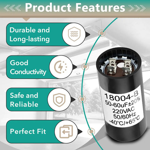 Starting Capacitor Replacement For 1/3 HP Garage Door Opener 50/60 UF 220V AC Black No Nonsense Fit For 18004B And 18004-B Openers Easy Install Durable Performance Residential Use