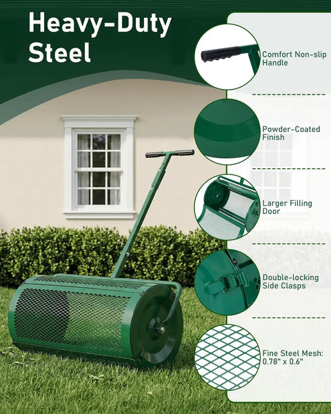 Heavy Duty 30 Inch Compost And Peat Moss Spreader With Push Or Tow Handle Adjustable Height Powder Coated Steel Basket 3.4 Cu Ft Capacity For Spreading Manure Mulch Topsoil Seed Fertilizer showing features