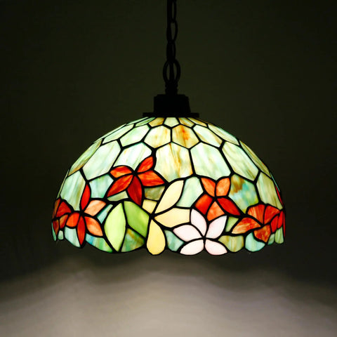 Tiffany Style Stained Glass Pendant Light Plug In Swag Lamp With 32 Inch Chain And 15 Foot Cord For Cozy Dining Room Or Living Room Vibe Red Green Floral Glass Shade 12 Inch Wide