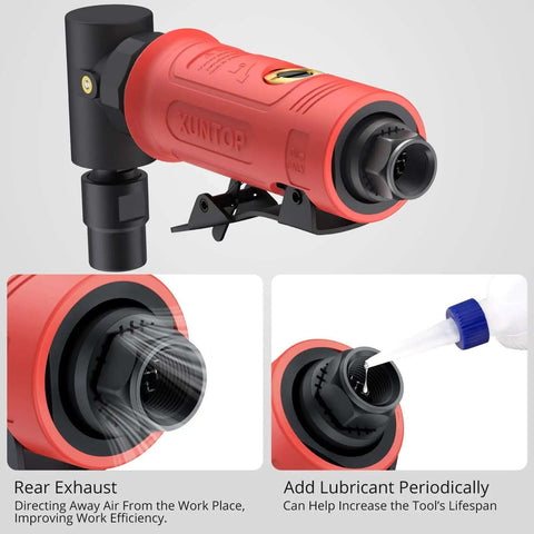 Tough Workhorse Right Angle Air Die Grinder Pulling 20000 Rpm With Rear Exhaust Design, showing rear exhaust feature and oil cup.