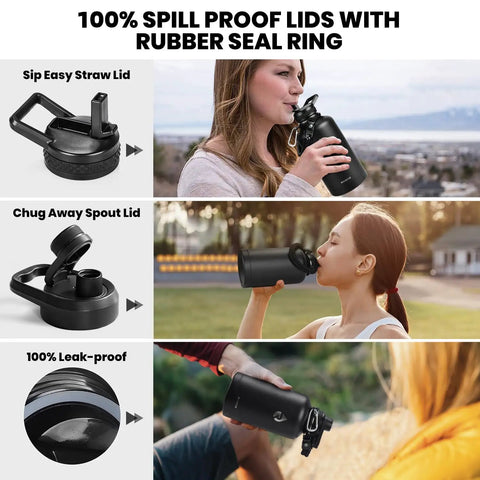 Legit 64 Oz Insulated Water Bottle Triple Wall Vacuum Stainless Steel with Sip and Chug lids for effortless hydration.